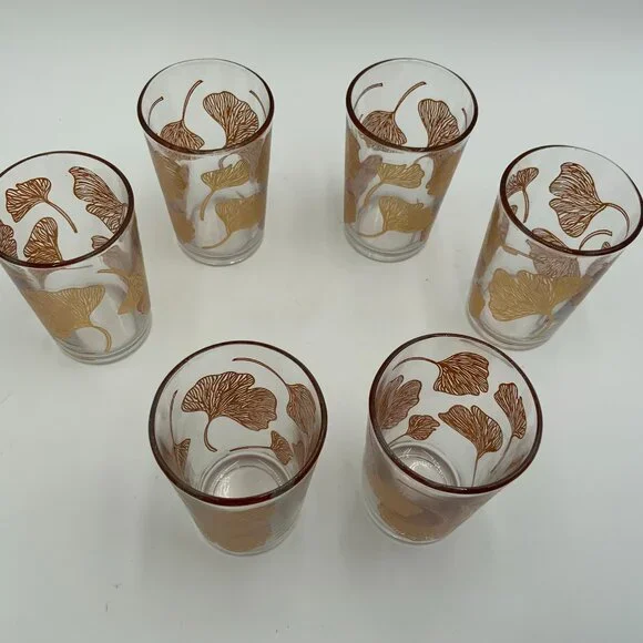 Set of 6 Vintage Moroccan Tea Glasses with Gold Gingko Leaf 4" - Picture 3 of 5